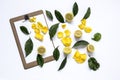 Clipboard with and lemons and Petals of yellow rose on black bac Royalty Free Stock Photo