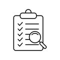 Clipboard with magnifier loupe icon, business concept. Analysis, analyzing icon. File search icon, document search, vector.