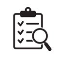 Clipboard with magnifier loupe icon, business concept. Analysis, analyzing icon. File search icon, document search.