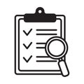 Clipboard with magnifier loupe icon, business concept. Analysis, analyzing icon. File search icon, document search.