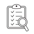 Clipboard with magnifier loupe icon, business concept. Analysis, analyzing icon. File search icon, document search.