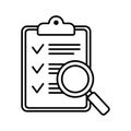 Clipboard with magnifier loupe line icon, business concept. Analysis, analyzing icon. File search icon, document search, vector