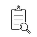 Clipboard and magnifying glass icon. Reviewing the checklist. Black outline. Vector illustration, flat design Royalty Free Stock Photo