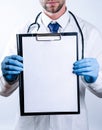 Doctor banner. Happy nurse in blue gloves, clipboard hospital wearing scrubs, provide checkup, examine patient in clinic