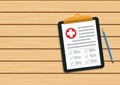 Clipboard with medical cross and pen. Clinical record, prescription, claim, medical check marks report, health insurance concepts