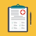 Clipboard with medical cross and pen. Clinical record, prescription, claim, medical check marks report, health insurance concepts.