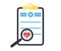 Clipboard with medical document and magnifying glass logo design. Heartbeat pulse. Document for patient health check in hospital.