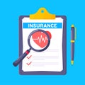 Clipboard with medical insurance claim form on it, paper sheets, pen isolated on blue background. Royalty Free Stock Photo