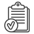 Clipboard with notes and approval emblem line icon, clinical research concept. Vector graphics. List checkmark bubble Royalty Free Stock Photo