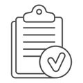 Clipboard with notes and approval emblem thin line icon, clinical research concept. Vector graphics. List checkmark Royalty Free Stock Photo