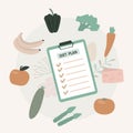 Clipboard with nutrition plan, exercise schedule. Healthcare and dietetics concept. Various fresh vegetables and fruits Royalty Free Stock Photo