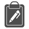 Clipboard and pen solid icon. Document with pen vector illustration isolated on white. Note glyph style design, designed