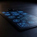 A clipboard is placed on a dark surface, with digital-looking blue holographic graphics Royalty Free Stock Photo