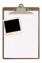 Clipboard with polaroid photo frame, white blank paper, copy space, isolated on white background Royalty Free Stock Photo