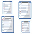 Clipboard with red check mark checklist icon. Elections. List of completed assignments, cases, survey, exam concepts.