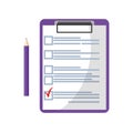 Clipboard with red check mark checklist icon. Elections. List of completed assignments, cases, survey, exam concepts