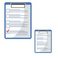 Clipboard with red check mark checklist icon. Elections. List of completed assignments, cases, survey, exam concepts