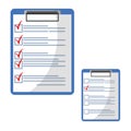 Clipboard with red check mark checklist icon. Elections. List of completed assignments, cases, survey, exam concepts