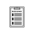 Clipboard resume icon. Black outline. Vector illustration, flat design