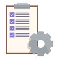 Clipboard showing completed checklist and cogwheel representing automated workflow