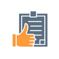 Clipboard with thumb up colored icon. Approved test, user questionnaire, positive feedback symbol