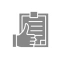 Clipboard with thumb up gray icon. Approved test, user questionnaire, positive feedback symbol