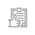 Clipboard with thumb up line icon. Approved test, user questionnaire, positive feedback symbol