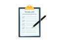 Clipboard with to do planning check list. Pen marked checklist on paper todo form flat vector illustration