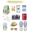Clipboard of traveler`s accessories vacation items paited in wat