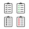 Clipboard vector icons isolated. Task done sign. Green check mark icons symbol.Tick symbol. Red cross tick