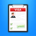 Clipboard with visa application. Travel approval. Immigration visa. Vector stock illustration. Royalty Free Stock Photo