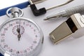 Clipboard With Whistle; Pen; Paper And Stopwatch Royalty Free Stock Photo