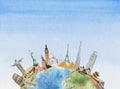 Clipboard of world sightseeings paited in watercolor,travel concept