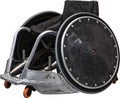 Clipping isolated photography of a professional sports wheelchair used in indoor rugby.