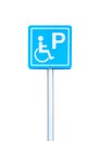 Clipping path, blue handicapped sign parking spot, disabled parking permit sign on pole isolated on white background Royalty Free Stock Photo