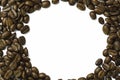 Clipping path roasted coffee beans texture and macro top view edge circle surrounded encircle from stripes with copy space for