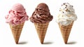 This clipping path shows ice cream in a cone with chocolate, vanilla, and strawberry flavors on a white background. Royalty Free Stock Photo