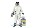 Clipping path, Virologist in white hazardous material suit or hazmat suit holding vintage syringe and coronavirus or covid-19 vacc