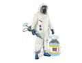 Clipping path, Virologist in white hazardous material suit or hazmat suit holding vintage syringe and coronavirus or covid-19 vacc