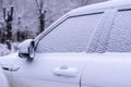 Cloaeup photo of car covered in snow in winter season d