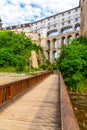 Cloak Bridge, Czech: Plastovy most, of Cesky Krumlov Castle. Multi-stage medieval bridge. View from bottom. Cesky