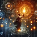 A cloaked figure holds a light amidst intricate digital patterns