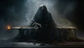 A cloaked figure hunched over a moonlit table