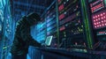 A cloaked figure is intensely focused on a laptop amidst rows of blinking server lights in a dimly lit data center