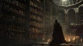 A cloaked figure kneels before a towering bookshelf their hands tracing the intricate symbols etched into the