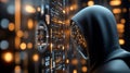 Mysterious figure interacting with glowing digital interface in a futuristic setting at nighttime