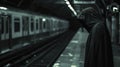 A cloaked figure stands at the edge of a train platform his face obscured by shadows as he waits for a fateful arrival.