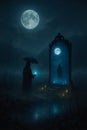 Cloaked figure with umbrella gazes into glowing mirror reflecting second moon â AI generated Royalty Free Stock Photo