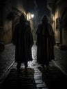 Cloaked figures stand at the crossroads of two cobblestone paths the darkness their only shield from the prying eyes