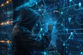 A cloaked hacker diligently works on a glowing interface, manipulating data streams and digital networks in a dark